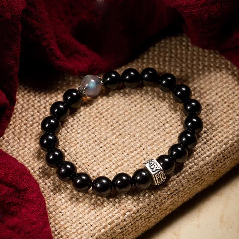 Fortune Jewel Chinese Zodiac Natal Buddha 925 Sterling Silver Black Obsidian Moonstone Strength Bracelet
