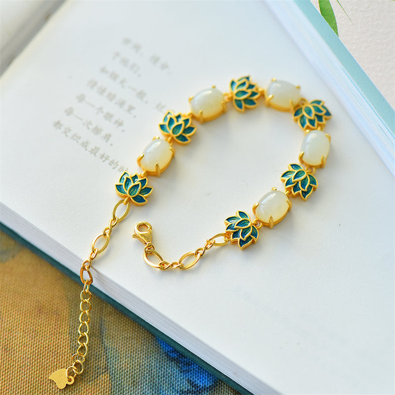 Fortune Jewel White Jade Cyan Jade Lotus Protection Bracelet Fortune Jewel