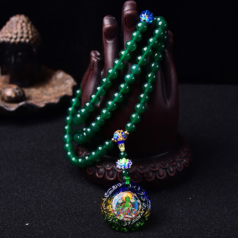 Fortune Jewel 108 Mala Beads Natural Green Agate Bodhisattva Green Tara Manifestation Charm Bracelet