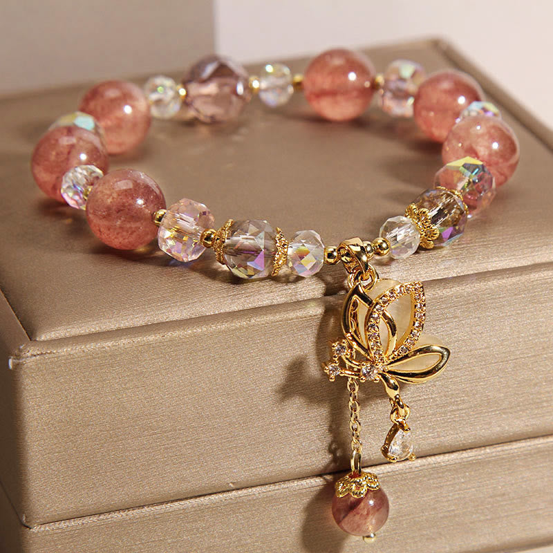 Fortune Jewel Natural Strawberry Quartz Healing Positive Butterfly Charm Bracelet