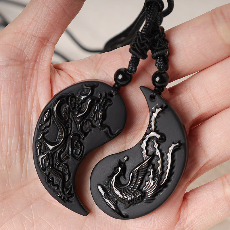 Fortune Jewel Black Obsidian Yin Yang Dragon Phoenix Luck Necklace Pendant