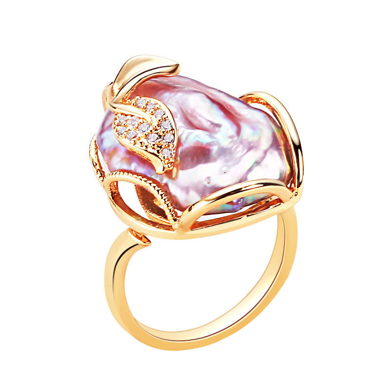 Fortune Jewel Pearl Copper Plated Gold Flower Happiness Wealth Ring