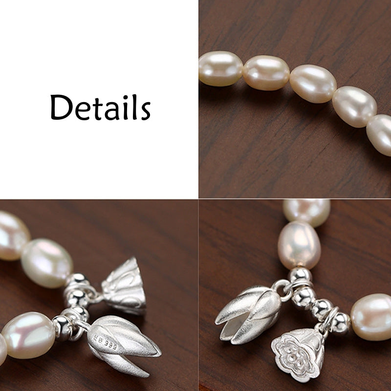 Fortune Jewel 999 Sterling Silver Lotus Flower Pod Natural Pearl Healing Bracelet