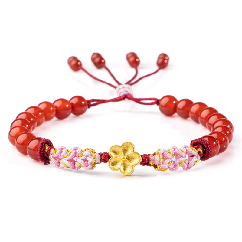 Fortune Jewel 999 Sterling Silver Natural Red Agate Pink Crystal Cherry blossom Bracelet