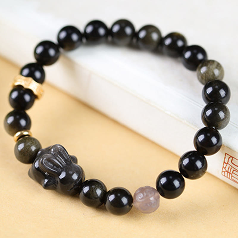 Fortune Jewel Gold Sheen Obsidian Black Obsidian Silver Sheen Obsidian Cute Rabbit Protection Bracelet