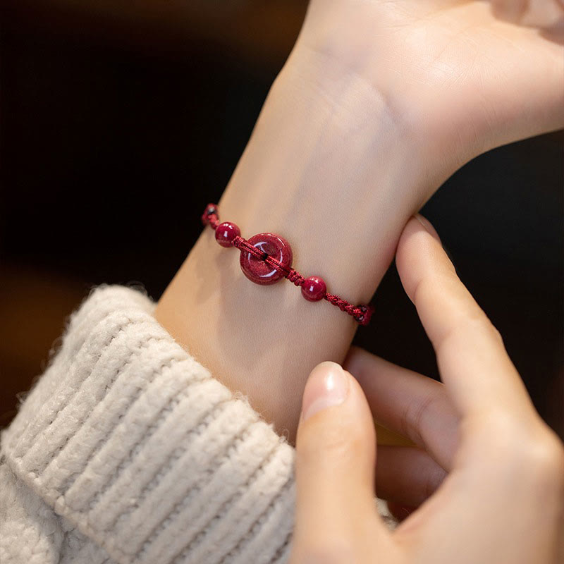 Fortune Jewel Handmade Cinnabar Peace Buckle Safe and Healthy Charm Blessing String Bracelet Anklet