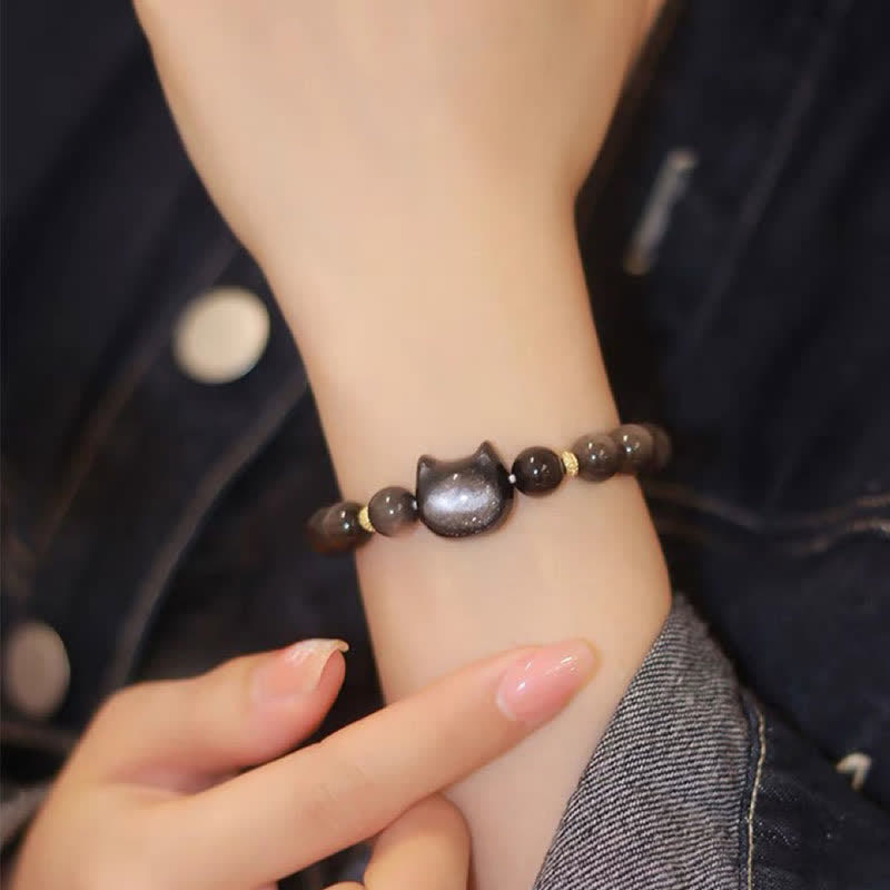 Fortune Jewel Gold Sheen Obsidian Silver Sheen Obsidian Lovely Paw Lucky Cat Protection Bracelet