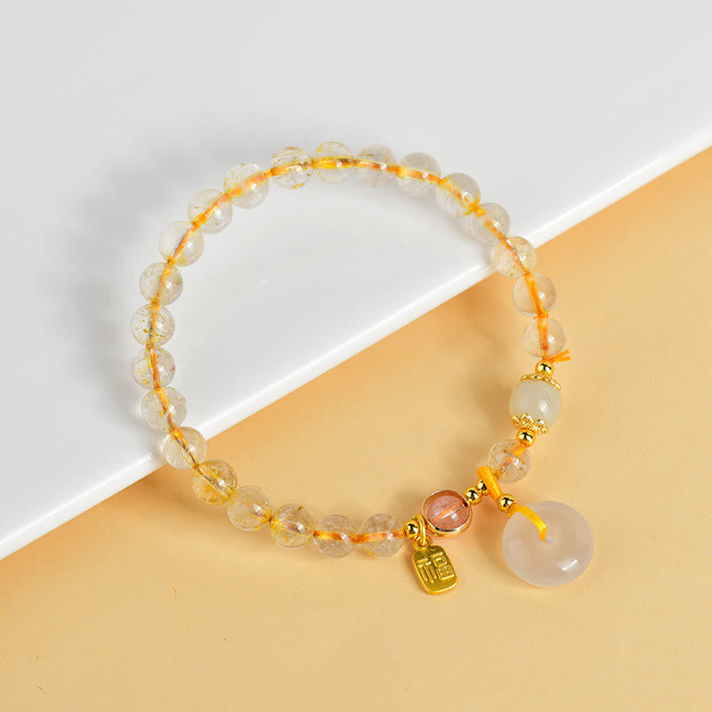 Fortune Jewel Natural Golden Rutilated Quartz Fu Character Peace Buckle Charm Wealth Bracelet