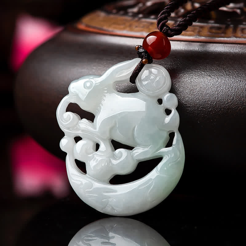 Fortune Jewel Year of the Rabbit White Jade Crescent Moon Protection Necklace Pendant