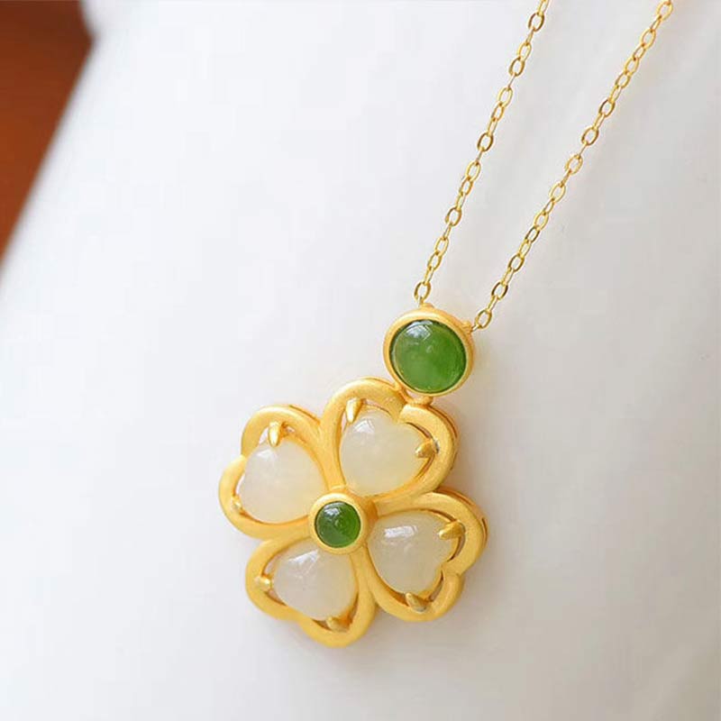 Fortune Jewel 925 Sterling Silver Lucky Four Leaf Clover Jade Prosperity Necklace Chain Pendant