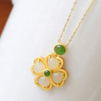Fortune Jewel 925 Sterling Silver Lucky Four Leaf Clover Jade Prosperity Necklace Chain Pendant