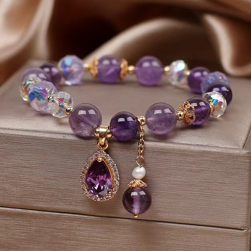 Fortune Jewel Natural Amethyst Zircon Love Heart Healing Soul Charm Bracelet