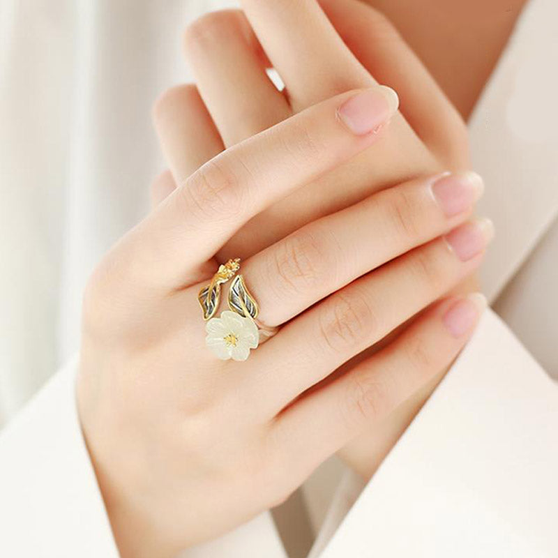 Fortune Jewel 925 Silver Plated Copper White Jade Plum Flower Leaf Luck Ring