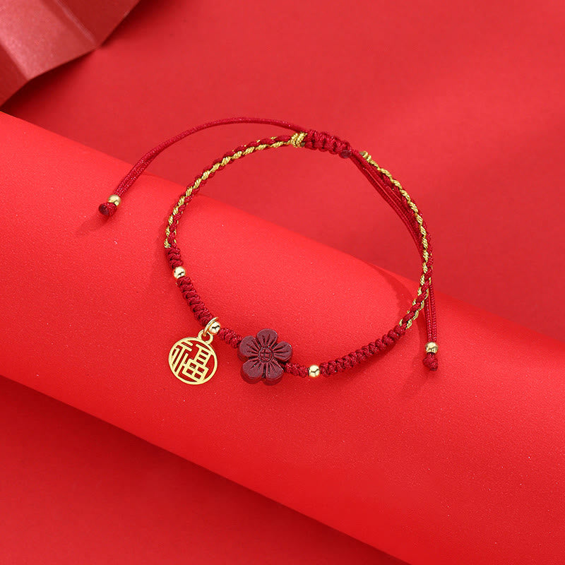 Fortune Jewel Cinnabar Flower Fu Character Blessing Braided String Bracelet