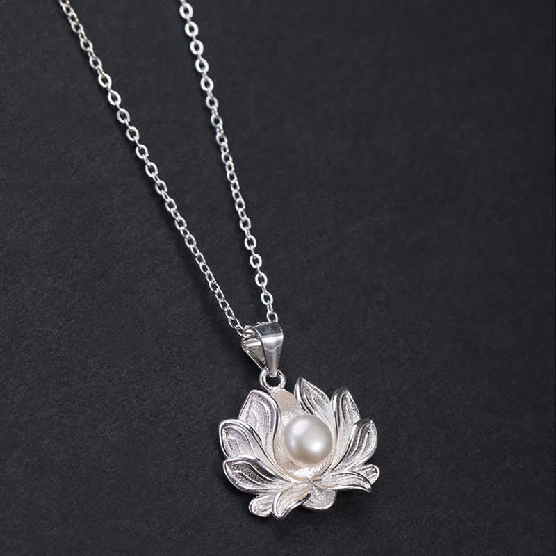 Fortune Jewel 925 Sterling Silver Lotus Flower Pearl Wealth Necklace Pendant Fortune Jewel