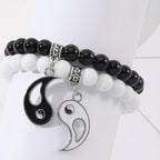 Fortune Jewel 2Pcs Black Onyx White Turquoise Bead Yin Yang Protection Couple Bracelet