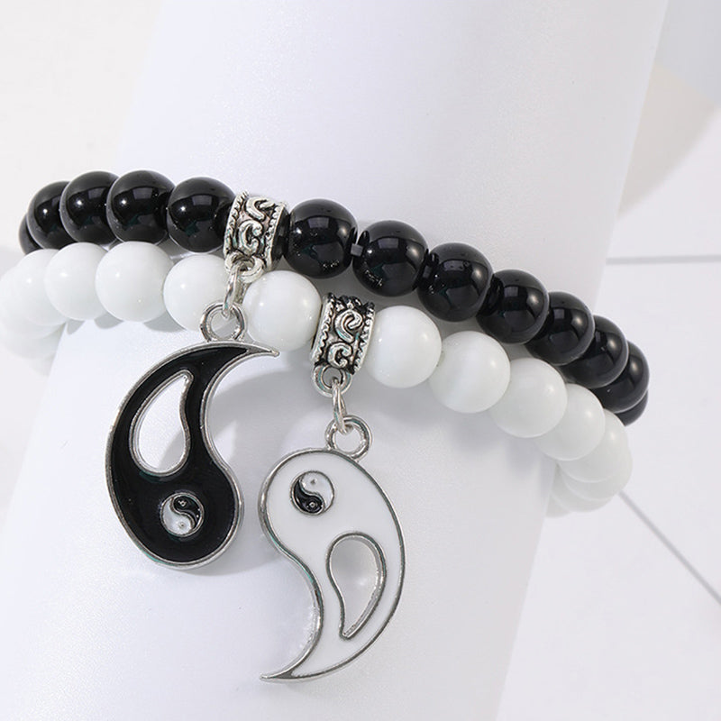 Fortune Jewel 2Pcs Black Onyx White Turquoise Bead Yin Yang Protection Couple Bracelet