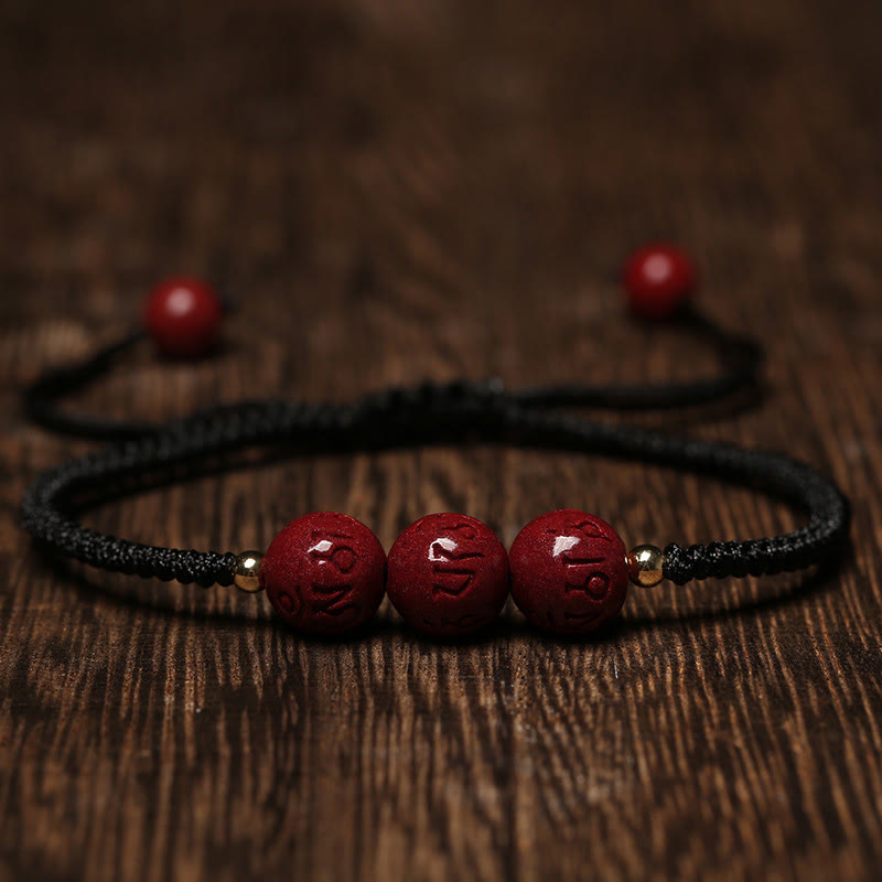 Fortune Jewel Handmade Cinnabar Om Mani Padme Hum Engraved Beads Blessing Braided Bracelet