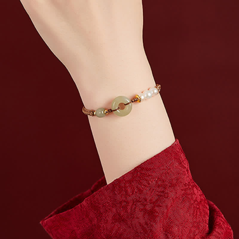 Fortune Jewel Natural Hetian Jade Pearl Peace Buckle Luck Bracelet
