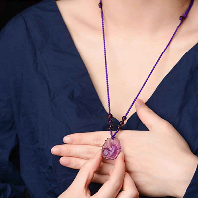 Fortune Jewel Natural Amethyst White Crystal Citrine Nine Tailed Fox Luck Necklace Pendant