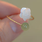 Fortune Jewel 14K Gold Plated Tridacna Stone Rose Flower Jade Bead Blessing Ring