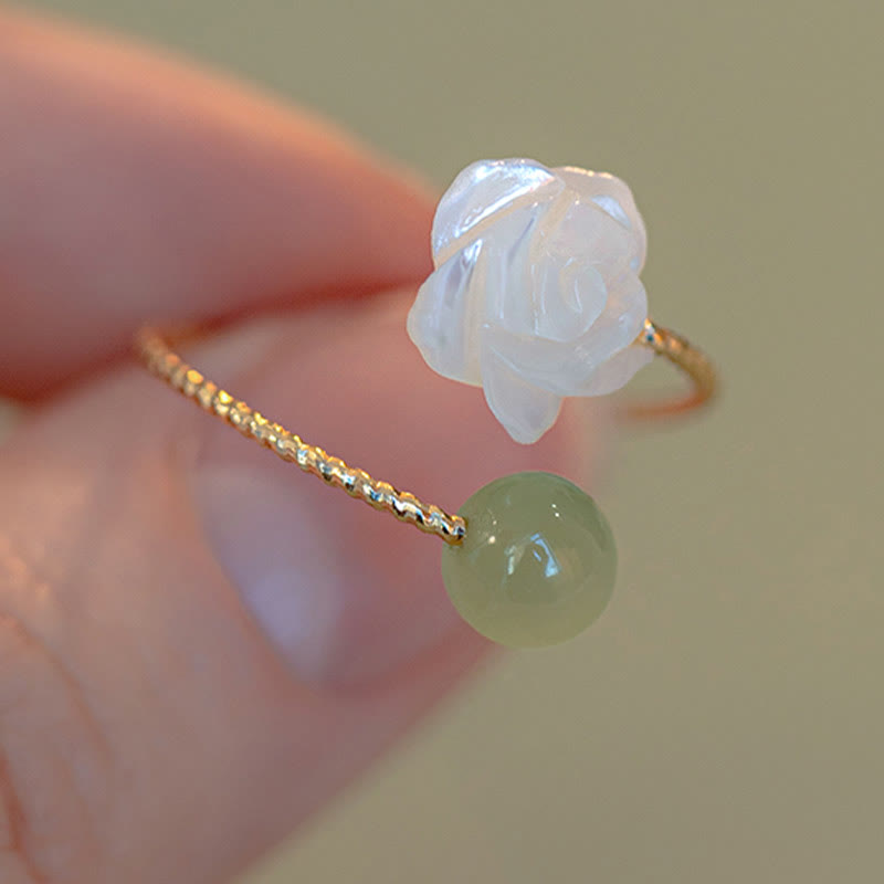 Fortune Jewel 14K Gold Plated Tridacna Stone Rose Flower Jade Bead Blessing Ring