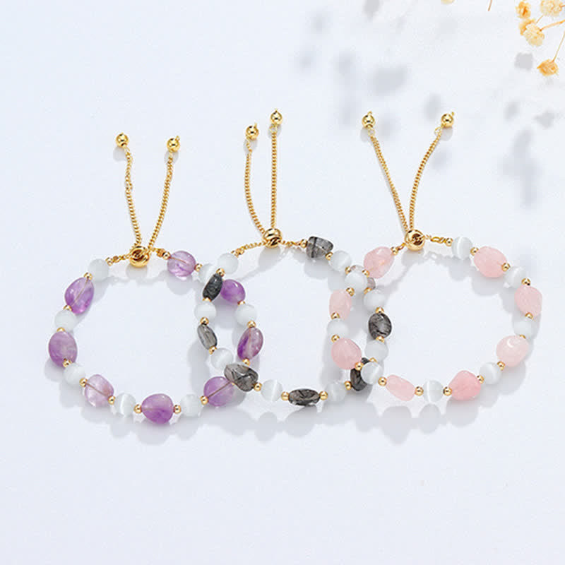 Fortune Jewel Amethyst Pink Crystal Black Rutilated Quartz Spiritual Awareness Bracelet