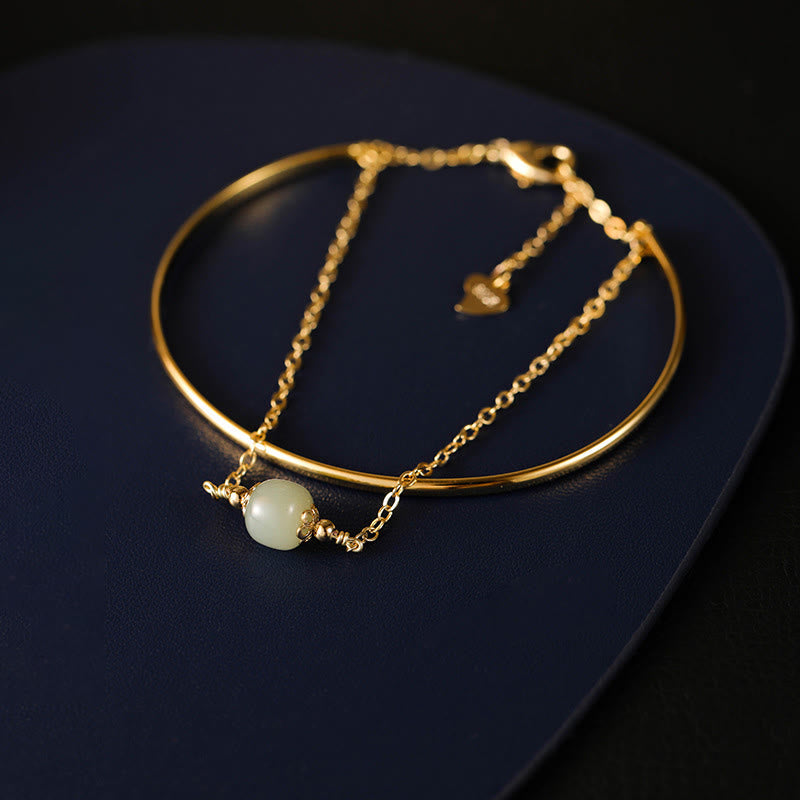 Fortune Jewel Copper Plated Gold Hetian Jade Bead Luck Double Layer Bracelet Bangle