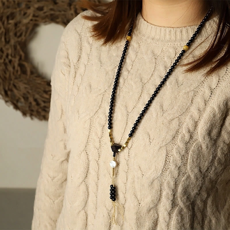 Fortune Jewel Tibetan 108 Mala Beads Black Onyx Three-eyed Dzi Beads Protection Bracelet