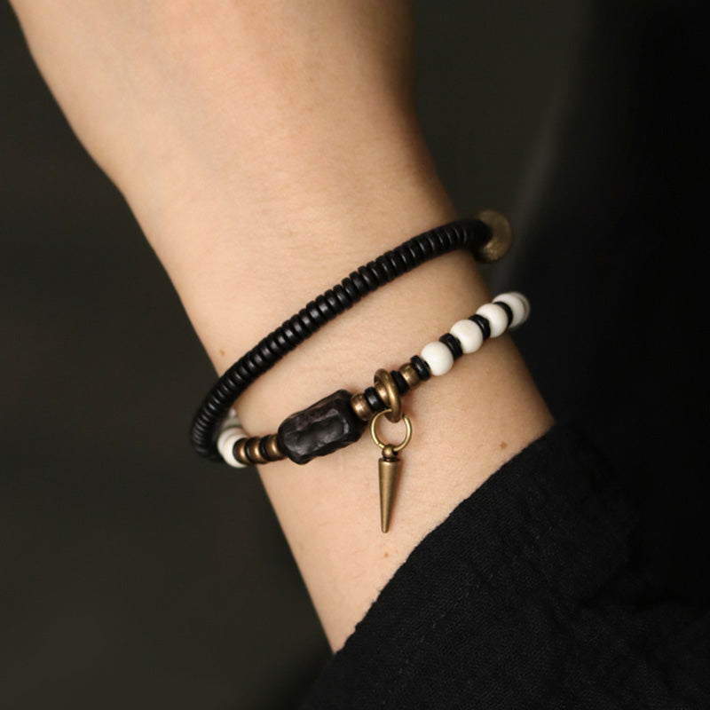 Fortune Jewel Bone Beads Ebony Wood Copper Strength Couple Bracelet