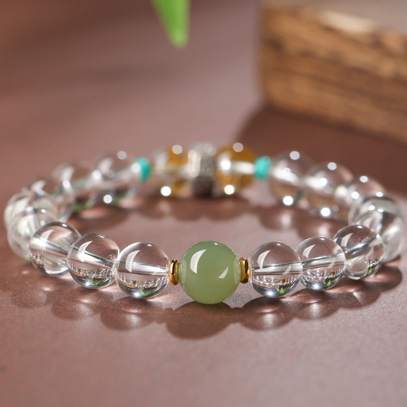 Fortune Jewel 925 Sterling Silver Chinese Zodiac Natal Buddha Auspicious Groups White Crystal Hetian Jade Healing Bracelet