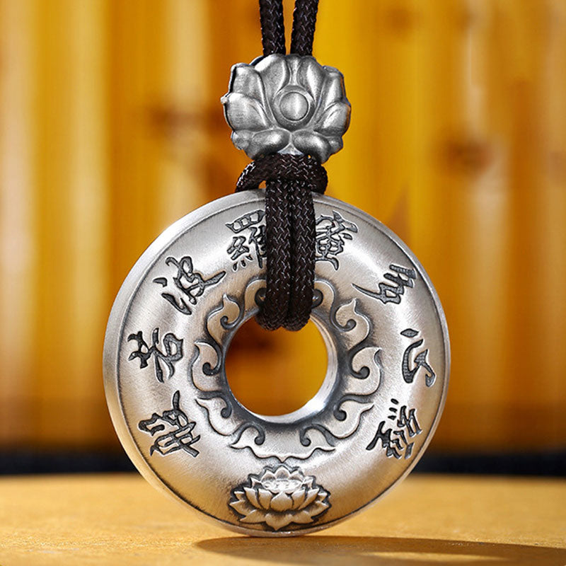 Fortune Jewel 999 Sterling Silver Heart Sutra Lotus Peace Buckle Necklace Pendant Fortune Jewel