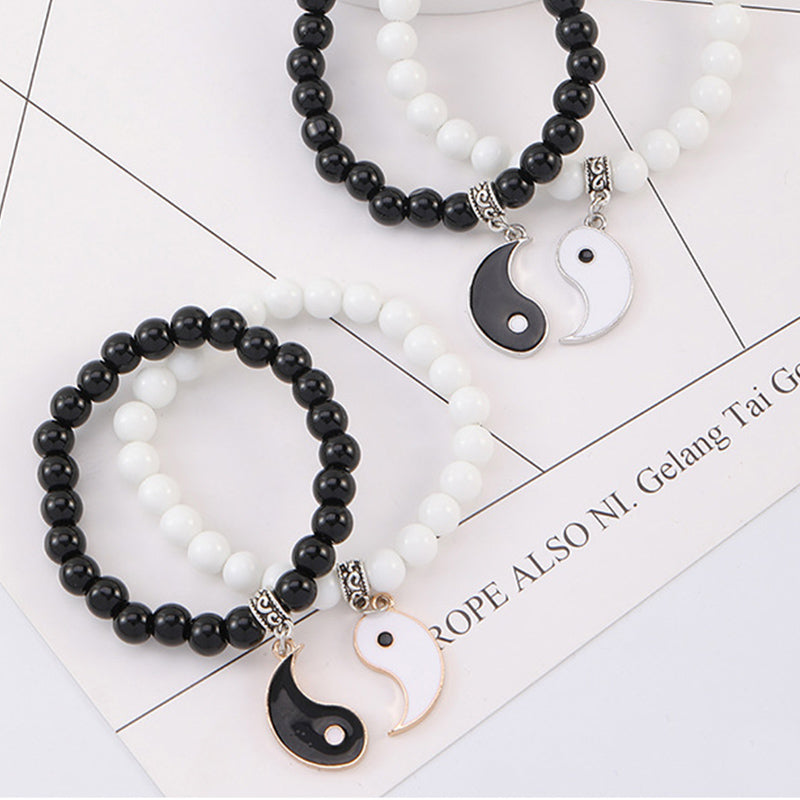Fortune Jewel 2Pcs Black Onyx White Turquoise Bead Yin Yang Protection Couple Bracelet