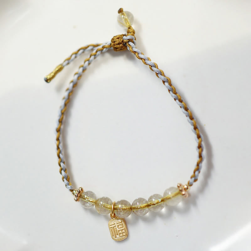 Fortune Jewel 925 Sterling Silver Natural Jade Gourd Rutilated Quartz Fu Character Luck Braid Bracelet