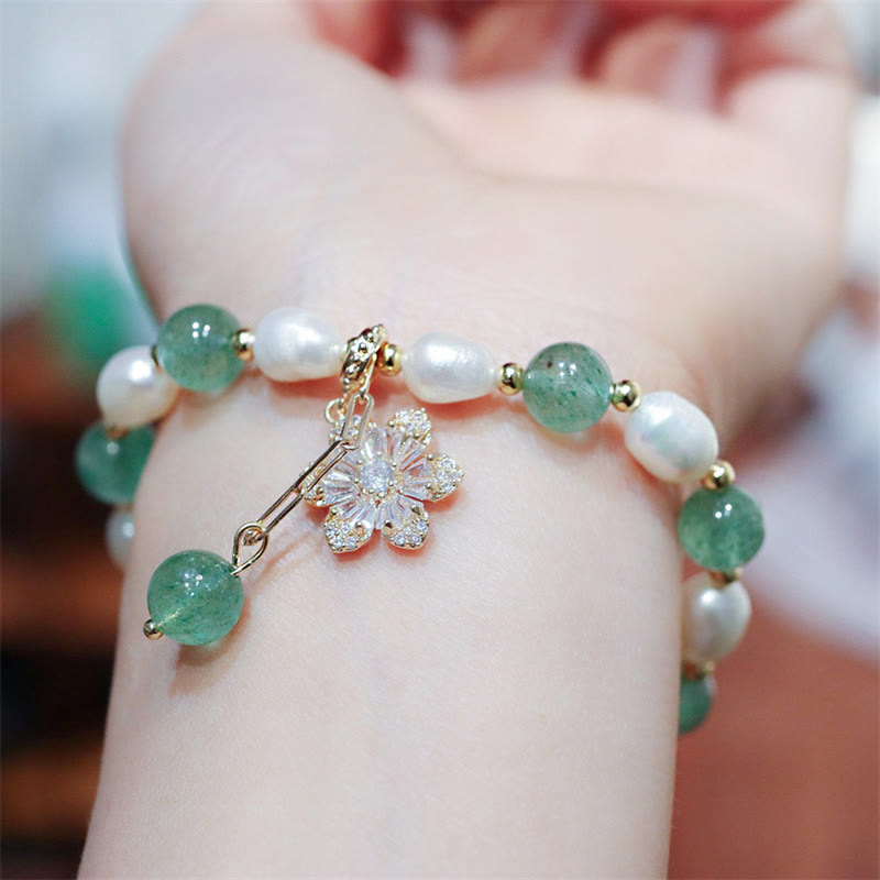 Fortune Jewel Natural Green Strawberry Quartz Pearl Flower Charm Love Bracelet