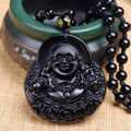 Fortune Jewel Laughing Buddha Black Obsidian Strength Protection Pendant Necklace