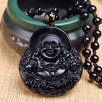 Fortune Jewel Laughing Buddha Black Obsidian Strength Protection Pendant Necklace