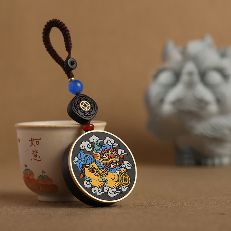 Fortune Jewel PiXiu Copper Coin Ebony Wood Luck Attract Wealth Key Chain Decoration
