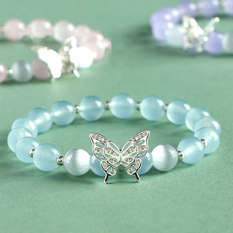 Fortune Jewel Blue Chalcedony Pink Crystal Purple Chalcedony Butterfly Energy Bracelet