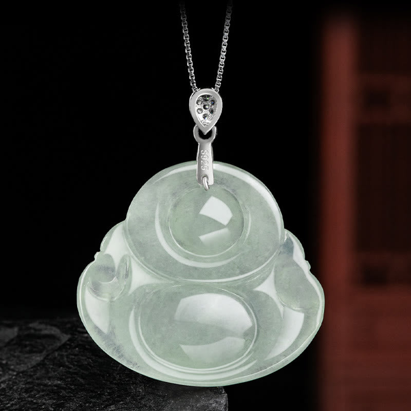 Fortune Jewel Natural Jade Laughing Buddha Prosperity Abundance Titanium Steel Chain Necklace Pendant Fortune Jewel