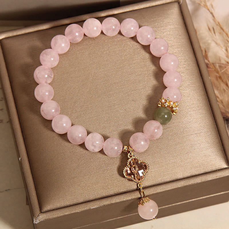 Fortune Jewel Natural Pink Crystal Four Leaf Clover Soothing Bracelet