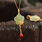 Fortune Jewel Vintage Plum Blossom Flower Jade Red Agate Prosperity Necklace Pendant