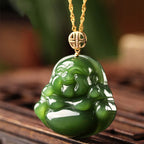 Fortune Jewel 925 Sterling Silver Laughing Buddha Hetian Cyan Jade 18K Gold Success Necklace Chain Pendant Fortune Jewel