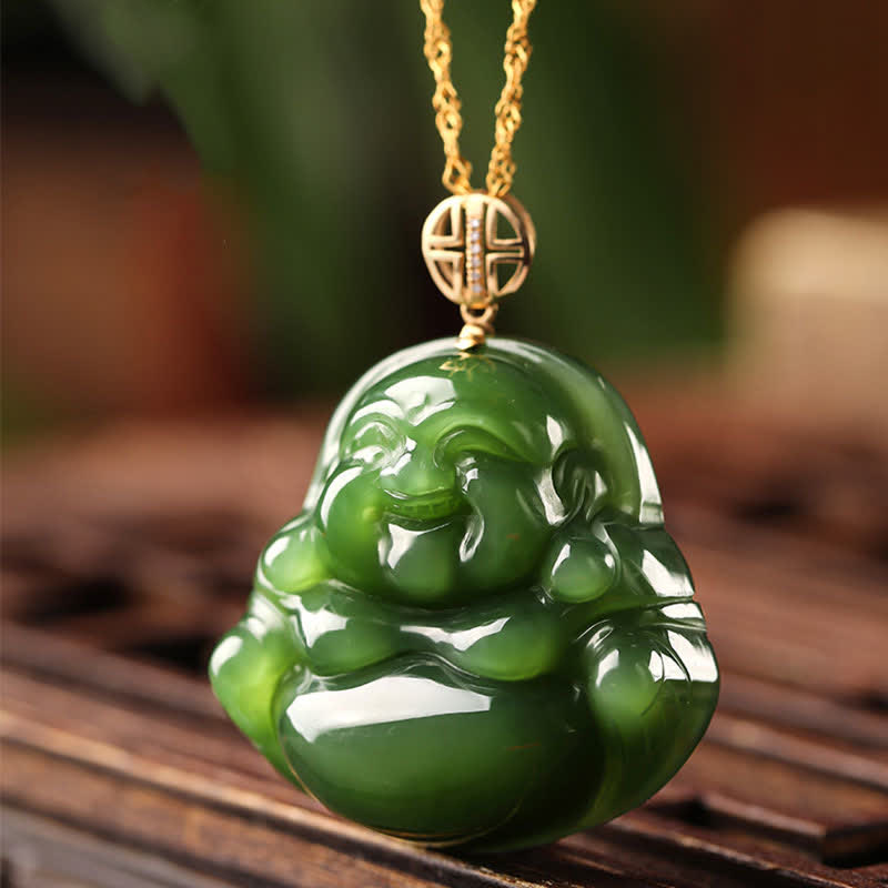 Fortune Jewel 925 Sterling Silver Laughing Buddha Hetian Cyan Jade 18K Gold Success Necklace Chain Pendant Fortune Jewel