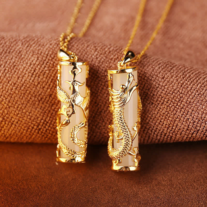 Fortune Jewel Jade Dragon Phoenix Copper Blessing Harmony Necklace Pendant Fortune Jewel