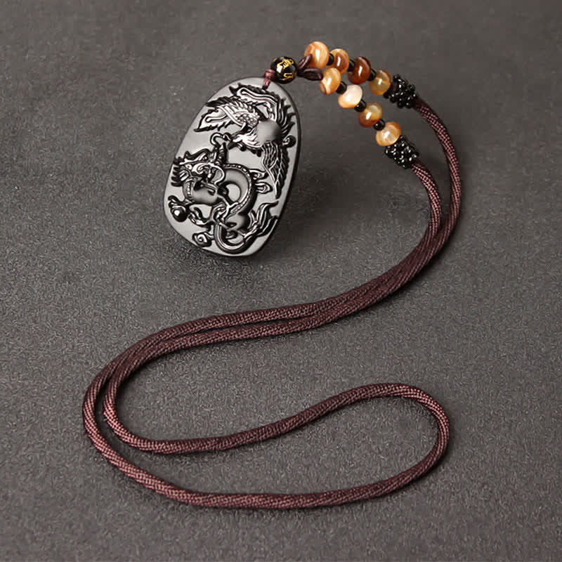 Fortune Jewel Black Obsidian Tiger Eye Dragon Phoenix Protection Beaded Necklace Pendant