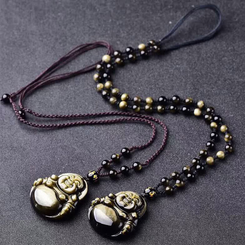 Fortune Jewel Laughing Buddha Gold Sheen Obsidian Wealth Necklace Pendant
