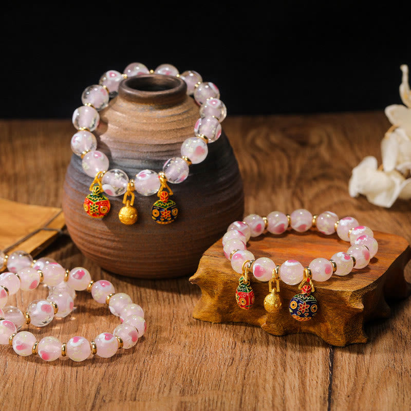 Fortune Jewel Gold Swallowing Beast Family Charm Luminous Pink Love Heart Fluorescent Liuli Glass Bead Blessings Bracelet