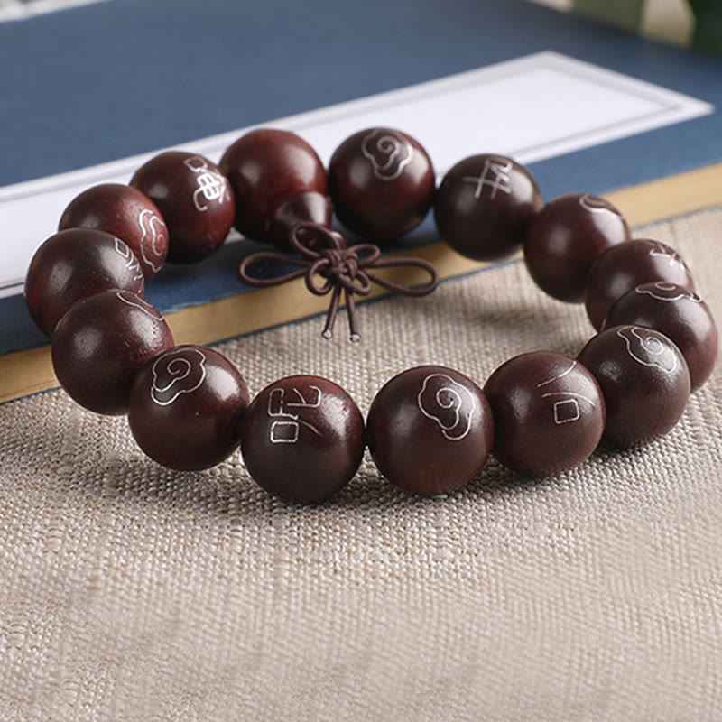 Fortune Jewel 925 Sterling Silver Inlaid Small Leaf Red Sandalwood Om Mani Padme Hum Character Auspicious Clouds Protection Bracelet