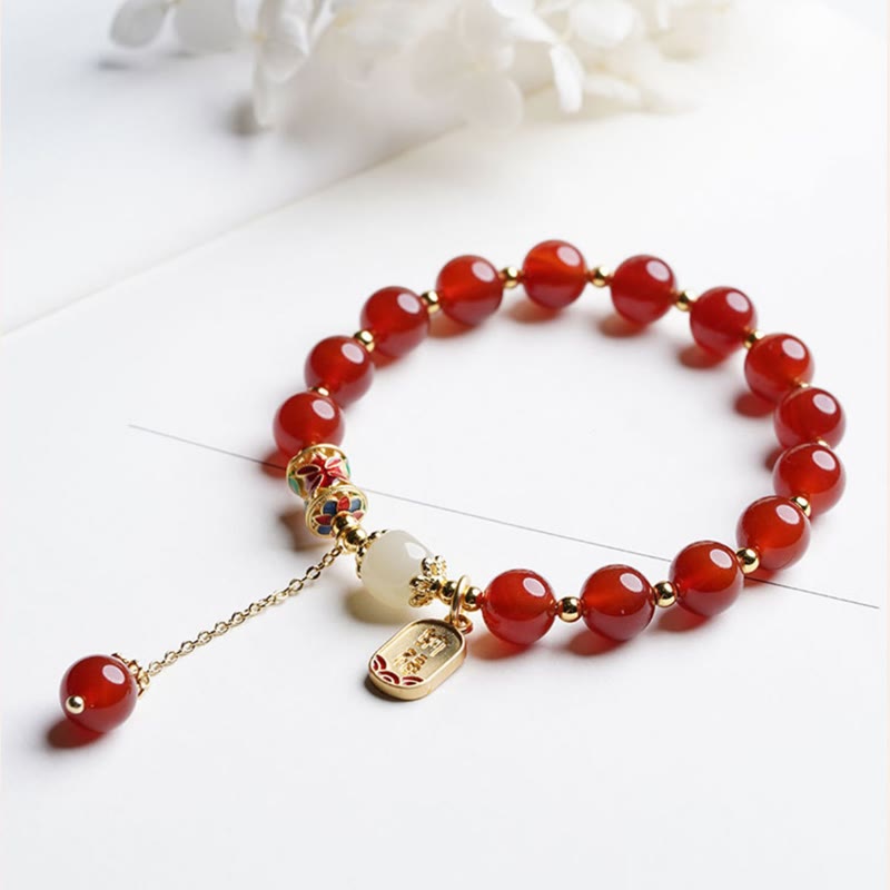 Fortune Jewel Natural Red Agate Hetian Jade Fu Character Confidence Charm Bracelet